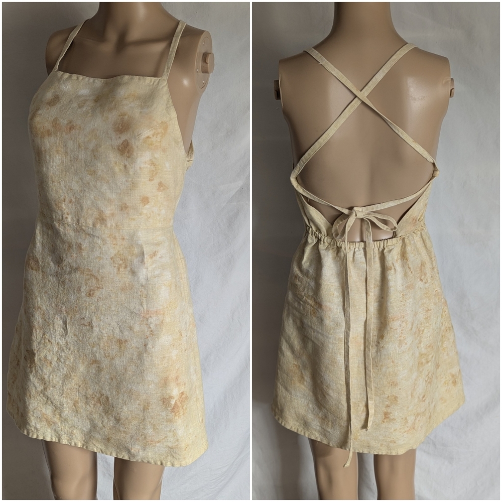 CV Linen Yellows Golds Criss CrossTie Back Mini Dress Sz S